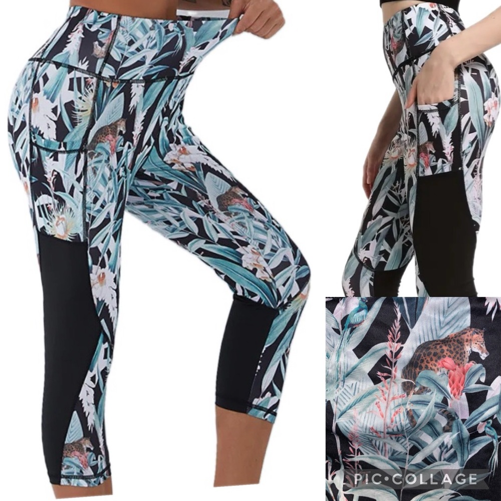NEW! Manzara Black Flora Jungle Print High-Rise Side Pocket Capri Sport Leggings